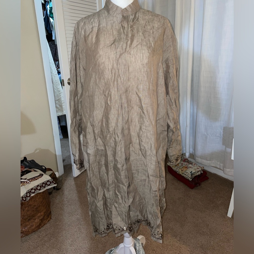 Eskandar 1 O/S Oversized Linen Brown 39"Long Mandarin Neck Tunic Top Dress Bead